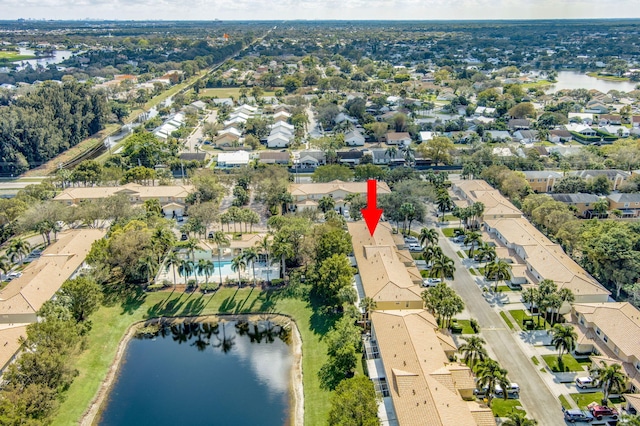 drone / aerial view featuring a water view