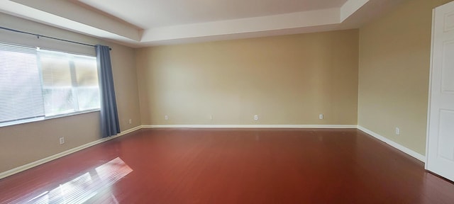 spare room with hardwood / wood-style floors and a raised ceiling