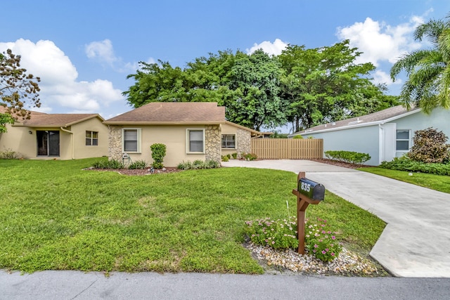 single story home with a front lawn