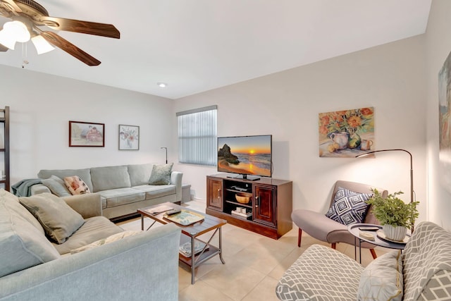 living room with light tile patterned floors and ceiling fan