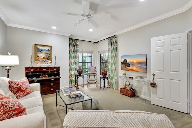 living room featuring ornamental molding, light carpet, and ceiling fan