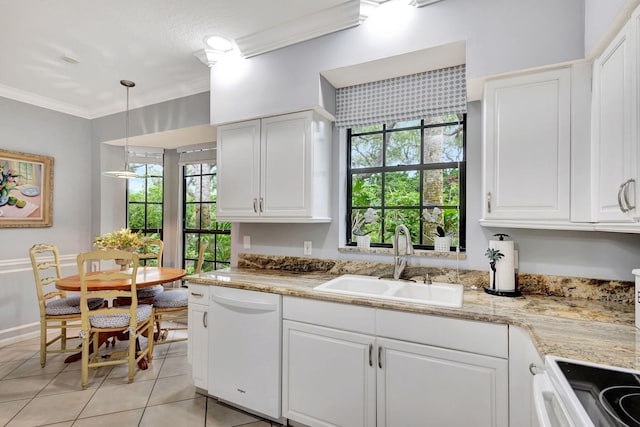 kitchen with sink, white cabinetry, hanging light fixtures, white appliances, and ornamental molding