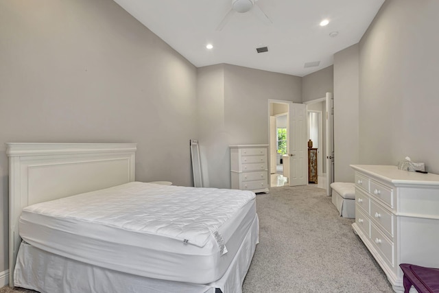 bedroom featuring light carpet and ceiling fan