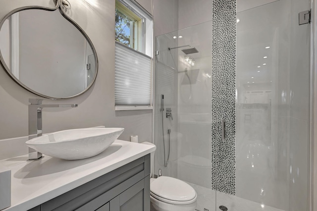 bathroom with vanity, toilet, and walk in shower