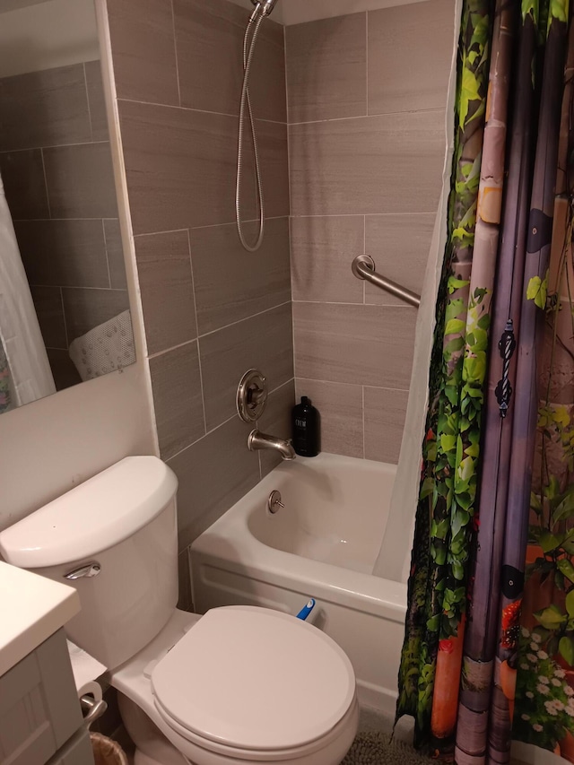 full bathroom with vanity, toilet, and shower / bath combination with curtain