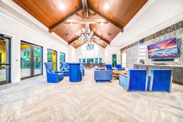 carpeted living room featuring beamed ceiling, high vaulted ceiling, ornamental molding, an inviting chandelier, and wooden ceiling