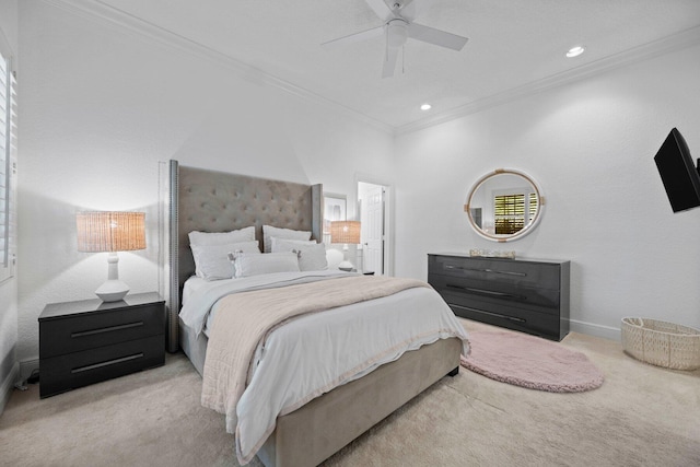 bedroom featuring light colored carpet, ceiling fan, and ornamental molding