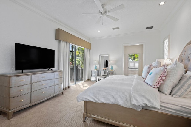 carpeted bedroom featuring crown molding, a textured ceiling, access to outside, and ceiling fan