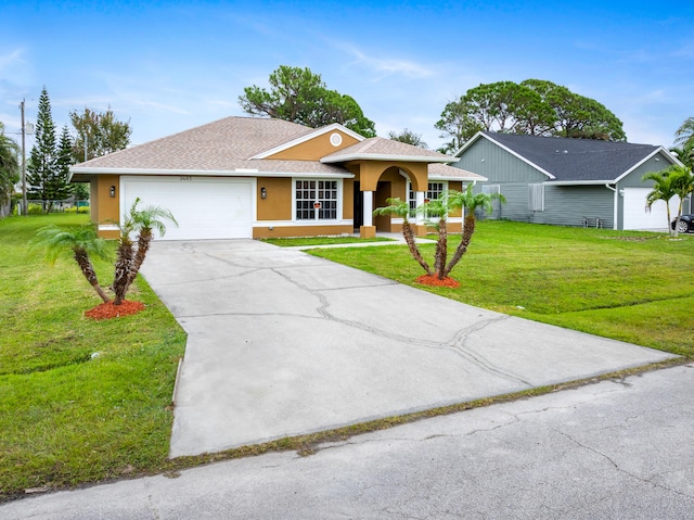 ranch-style house with a garage and a front yard