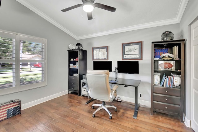 office with crown molding, ceiling fan, hardwood / wood-style floors, and vaulted ceiling