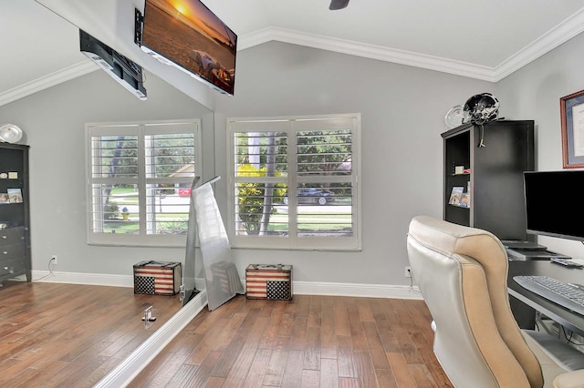 office with ornamental molding, vaulted ceiling, and dark hardwood / wood-style floors