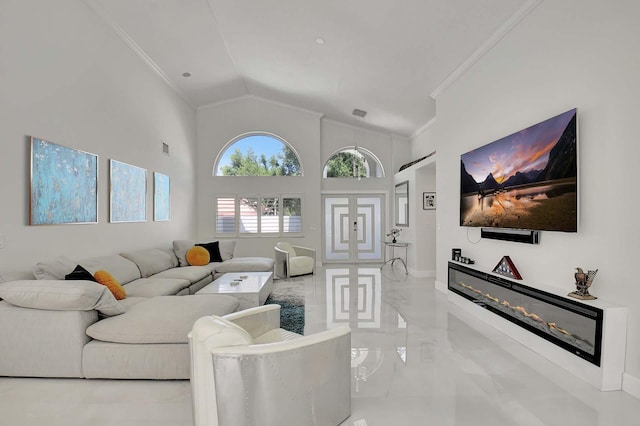 living room featuring vaulted ceiling and ornamental molding