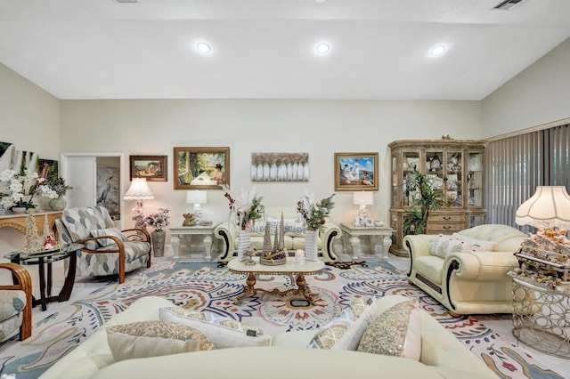 living room featuring light colored carpet