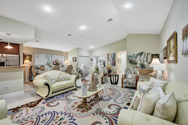 11111 Highland Cir, Boca Raton, FL 33428 - living area featuring lofted ceiling, light tile patterned floors, and recessed lighting