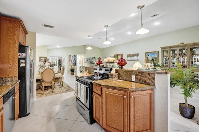 kitchen featuring light stone counters, pendant lighting, light tile patterned flooring, lofted ceiling, and appliances with stainless steel finishes