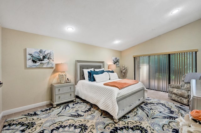 11111 Highland Cir, Boca Raton, FL 33428 - carpeted bedroom featuring lofted ceiling, baseboards, recessed lighting, and access to exterior