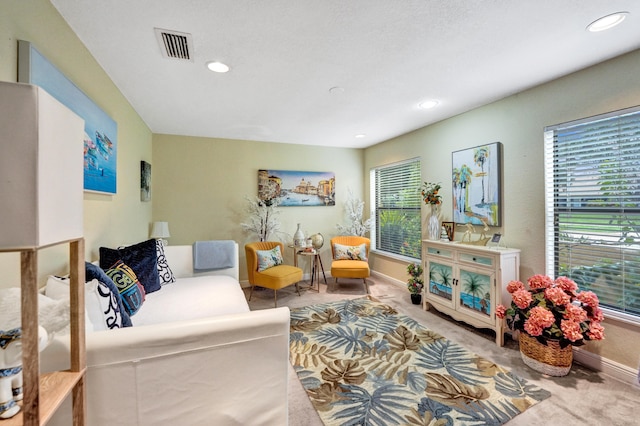 carpeted living room featuring a textured ceiling