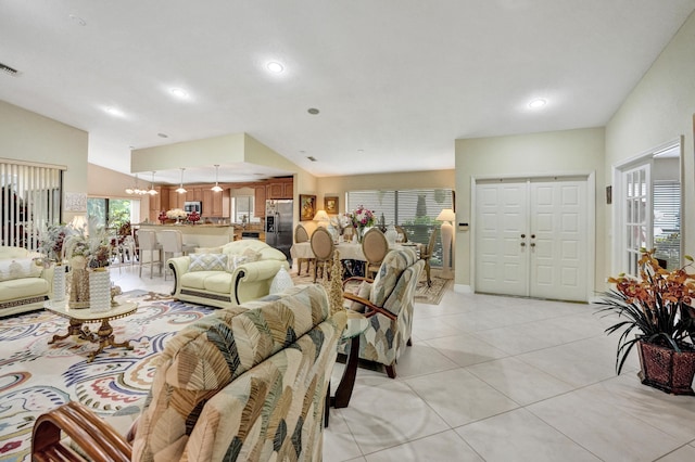 tiled living room with vaulted ceiling