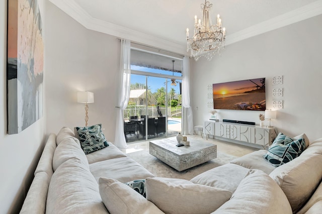 living room featuring a chandelier and crown molding