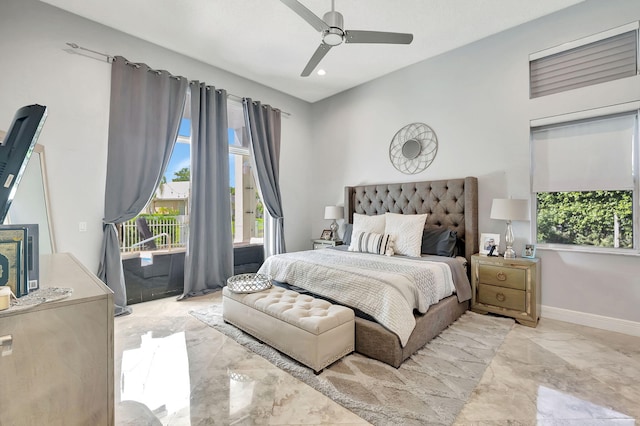 bedroom with baseboards, ceiling fan, marble finish floor, access to outside, and recessed lighting