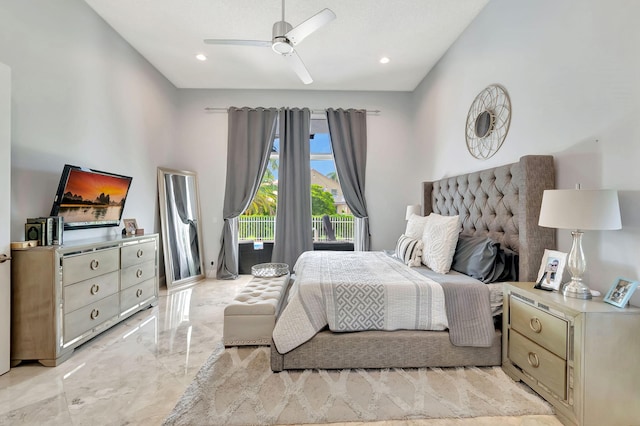 bedroom featuring marble finish floor, a ceiling fan, and recessed lighting