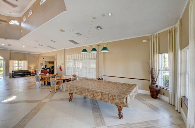 rec room featuring crown molding, visible vents, light tile patterned flooring, billiards, and baseboards