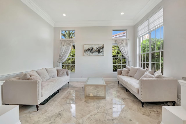 living area with ornamental molding, recessed lighting, marble finish floor, and baseboards