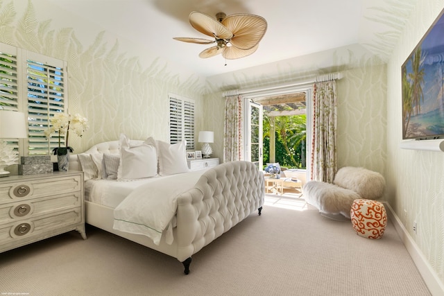 bedroom featuring ceiling fan and carpet floors