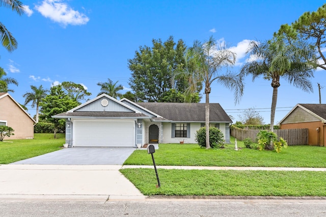 ranch-style house featuring a garage and a front lawn