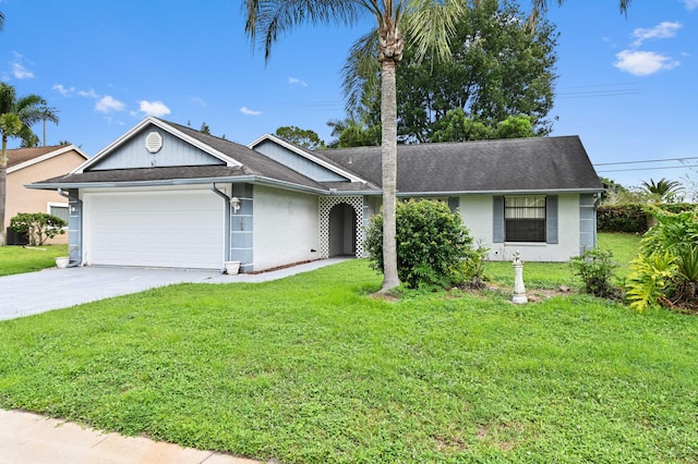 ranch-style house with a front lawn and a garage