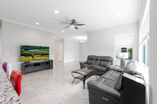 living room with ornamental molding and ceiling fan