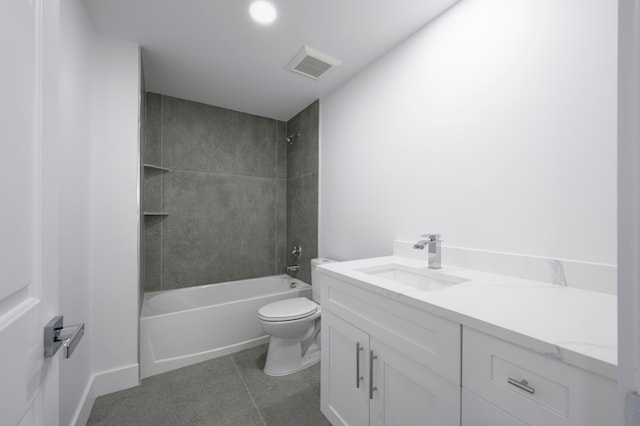 full bathroom with tiled shower / bath combo, vanity, toilet, and tile patterned flooring