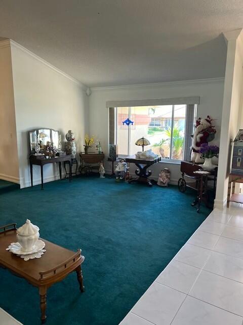 carpeted living room with ornamental molding