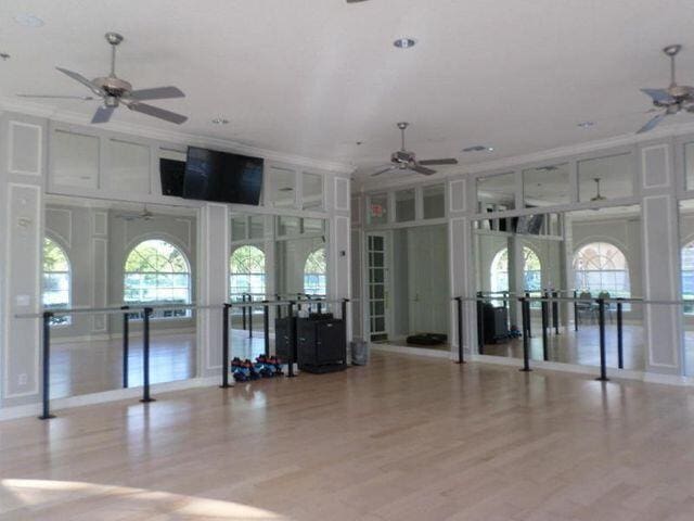 workout area with french doors, light hardwood / wood-style flooring, and ceiling fan