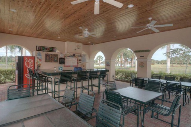 view of patio with an outdoor bar and ceiling fan