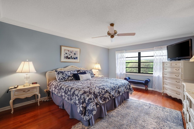 bedroom featuring a textured ceiling, crown molding, ceiling fan, and dark hardwood / wood-style flooring