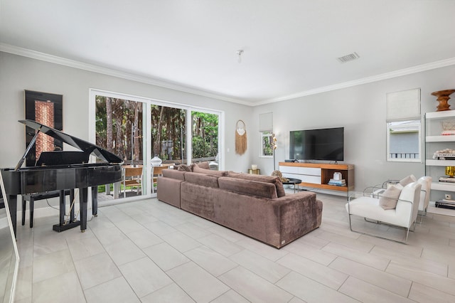 living room featuring crown molding