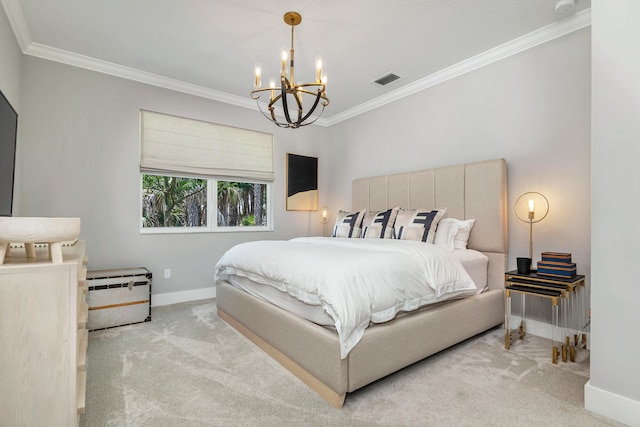 bedroom with crown molding, light carpet, and a chandelier