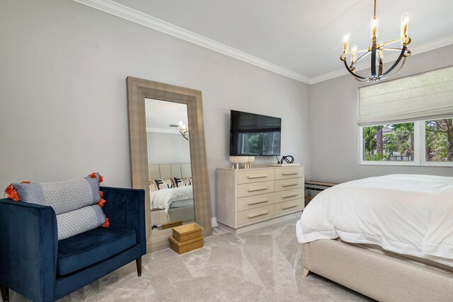 carpeted bedroom with a chandelier and crown molding