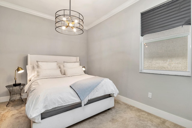 bedroom featuring crown molding, light carpet, and a chandelier