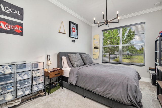 bedroom featuring light carpet, an inviting chandelier, and crown molding