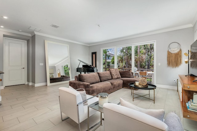 living room with crown molding and light hardwood / wood-style floors