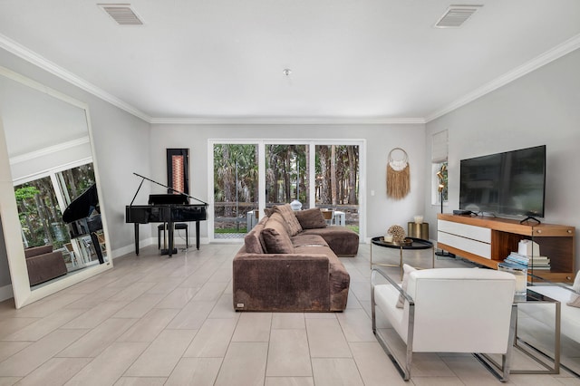 living room with ornamental molding