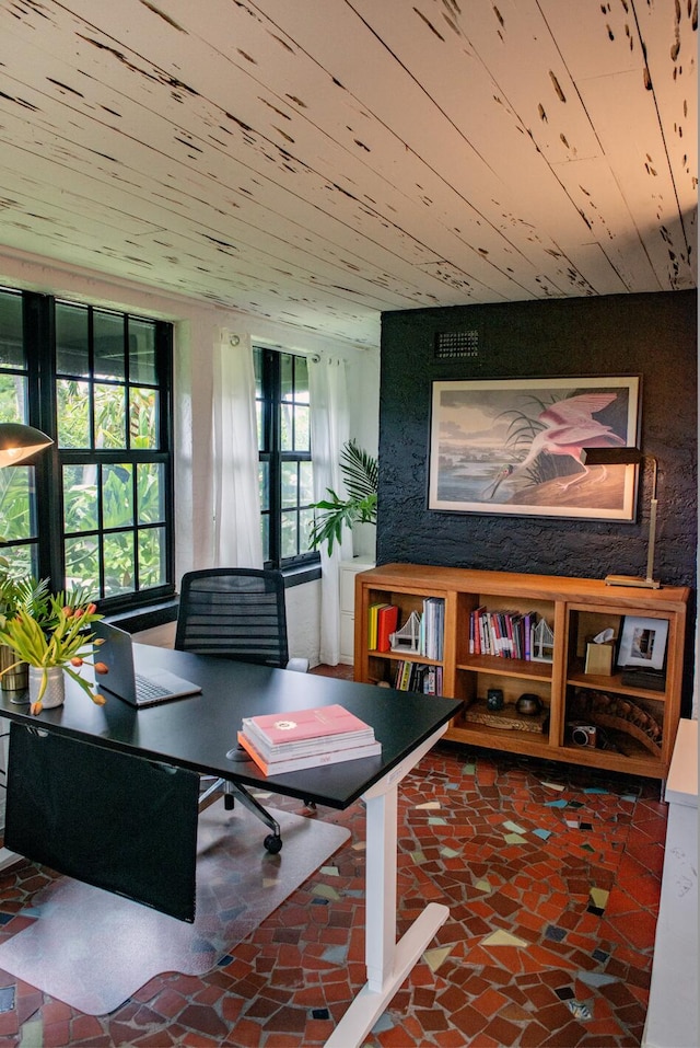 office area featuring wood ceiling