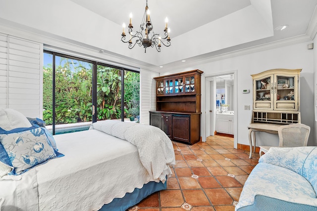 tiled bedroom featuring a chandelier, a tray ceiling, access to outside, ensuite bathroom, and crown molding