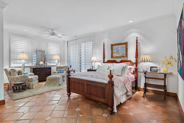 bedroom with ceiling fan, crown molding, and tile patterned flooring