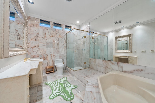 full bathroom featuring ornamental molding, vanity, toilet, and plus walk in shower