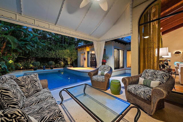 view of pool with ceiling fan, an outdoor hangout area, and a patio