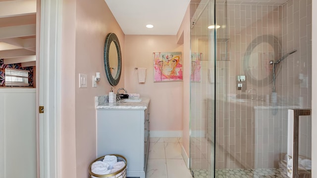 2600 NE 30th St, Fort Lauderdale, FL 33306 - full bath with baseboards, recessed lighting, vanity, marble finish floor, and a stall shower
