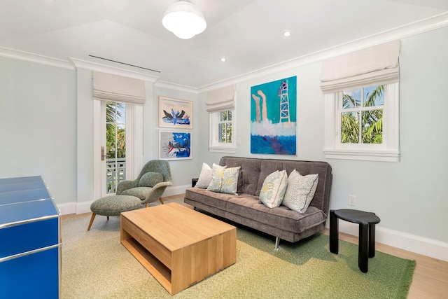 living room featuring hardwood / wood-style flooring and crown molding